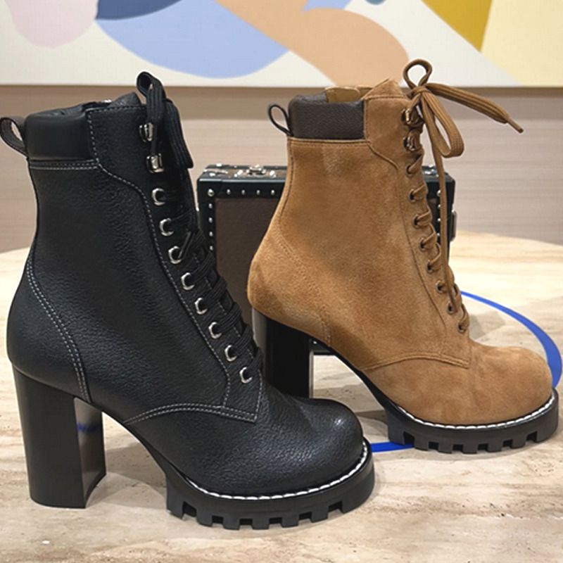 2026 Luxury Star Trail Ankle Boots Premium Women's Suede Calf Leather High-Heel Boot Camel Brown Chunky Block Heels Trendy Winter Footwear 1178 - 8 of 8