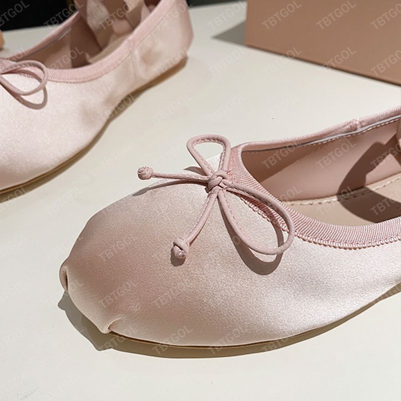 Fashion Girls Pink Satin Ballet Flats Ballerinas Luxury Bow Silk Mary Janes Leather Mules Round-toe Dress Shoes 1062 - 6 of 8