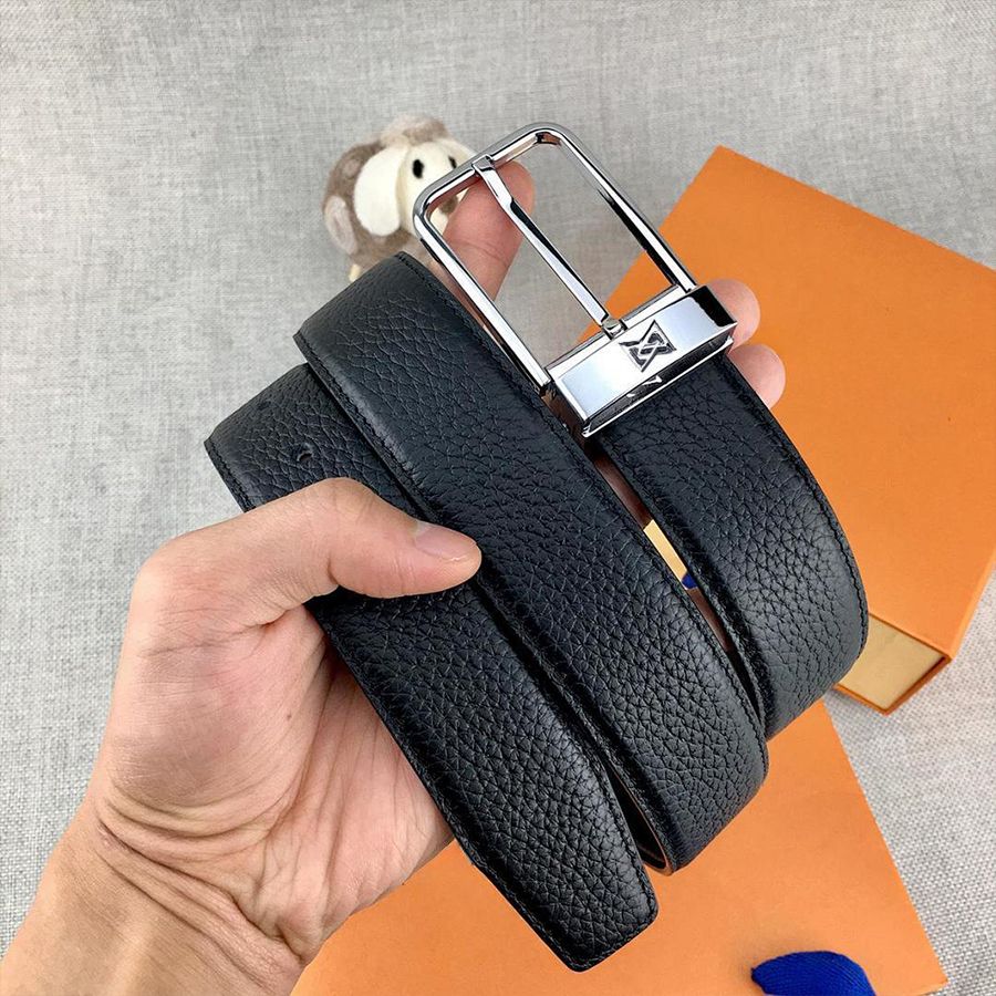 Man Belt Designer Genuine Leather Belts Width 3.4cm Classic Needle Buckle Gold Sliver Color Litchi Striped Plain Black Brown Colors - 1 of 8