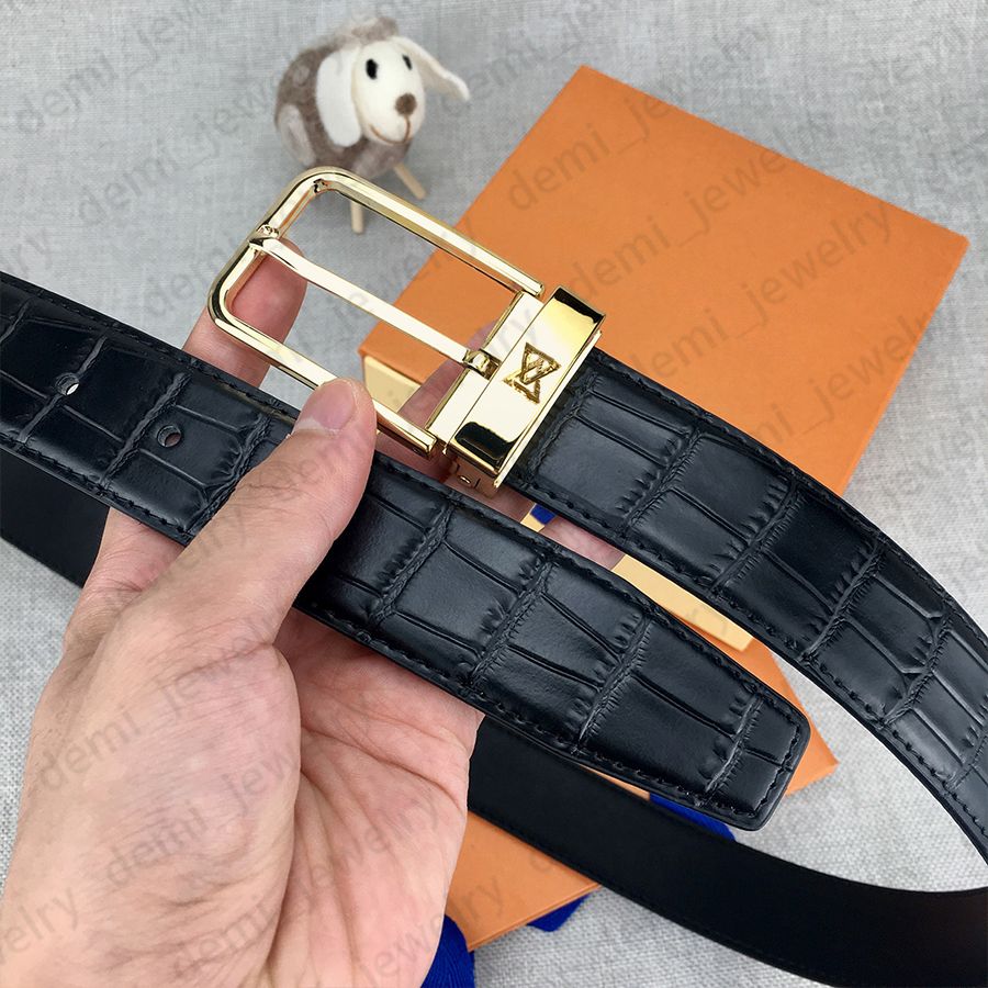 Man Belt Designer Genuine Leather Belts Width 3.4cm Classic Needle Buckle Gold Sliver Color Litchi Striped Plain Black Brown Colors - 4 of 8