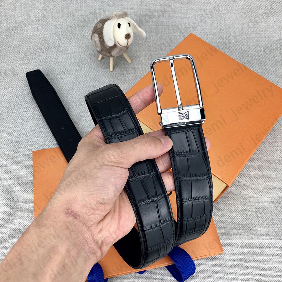 Man Belt Designer Genuine Leather Belts Width 3.4cm Classic Needle Buckle Gold Sliver Color Litchi Striped Plain Black Brown Colors - 3 of 8