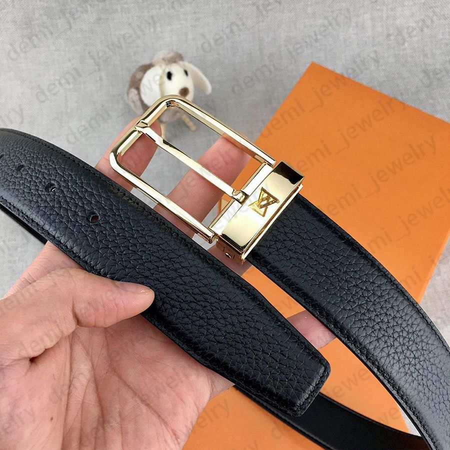 Man Belt Designer Genuine Leather Belts Width 3.4cm Classic Needle Buckle Gold Sliver Color Litchi Striped Plain Black Brown Colors - 2 of 8
