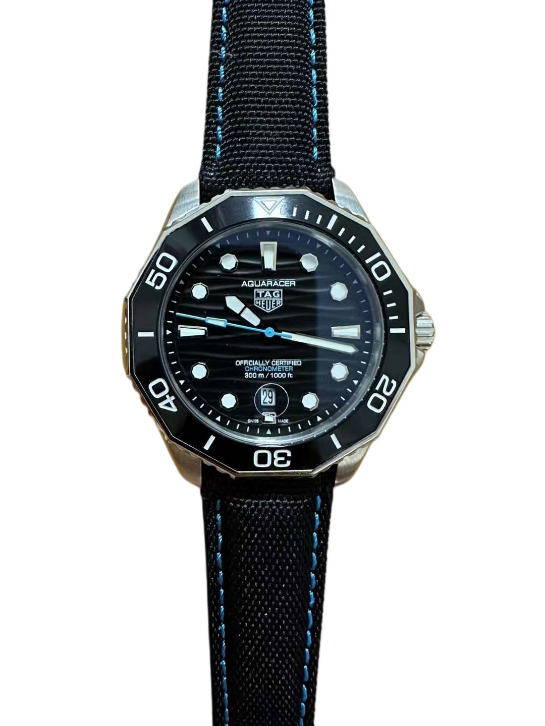 TAG HEUER Aquaracer Professional 300M Automatic Men's Watch Size Stainless Steel Case Leather STRAP Silver Case New - 7 of 8