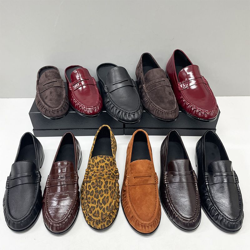 Genuine Leather Moccasin Flats Mules Loafers Men Women Designer Pleated Le Loafer Luxury Y Penny Loafers EU47 Slippers Creased Suede Office Dress Shoes 1137 - 2 of 8