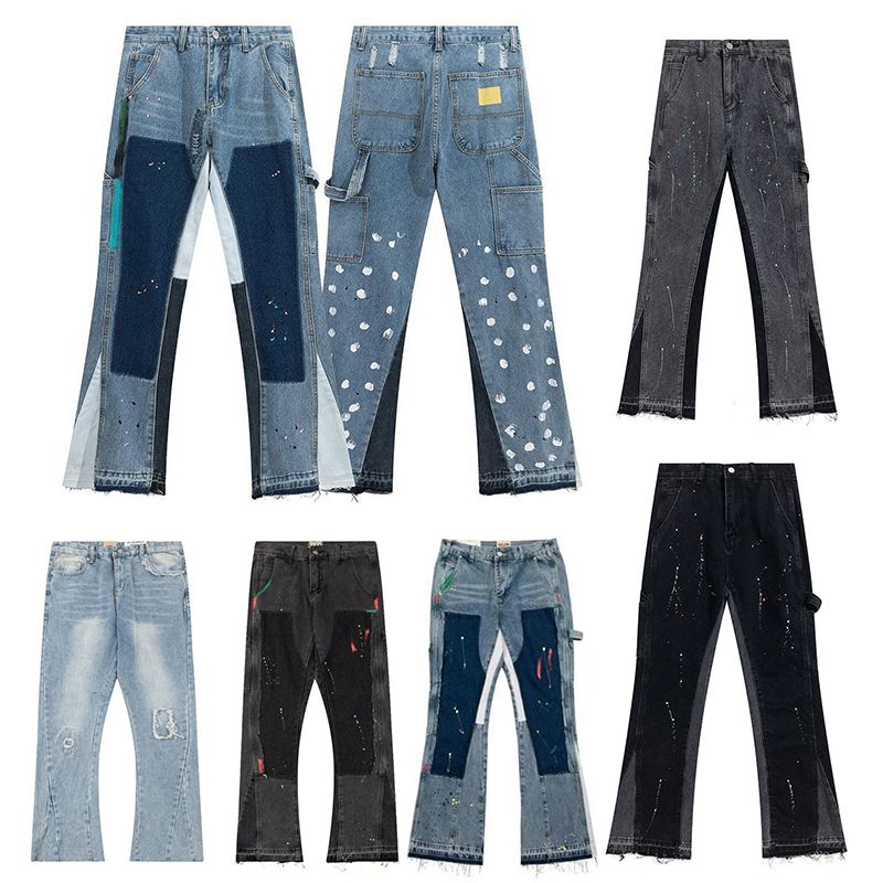Mens Designers Flared Jeans Hip Hop Spliced men jeans Distressed Ripped Slim Fit Denim Trousers Mans Streetwear Washed Pants Size S-XL - 1 of 8