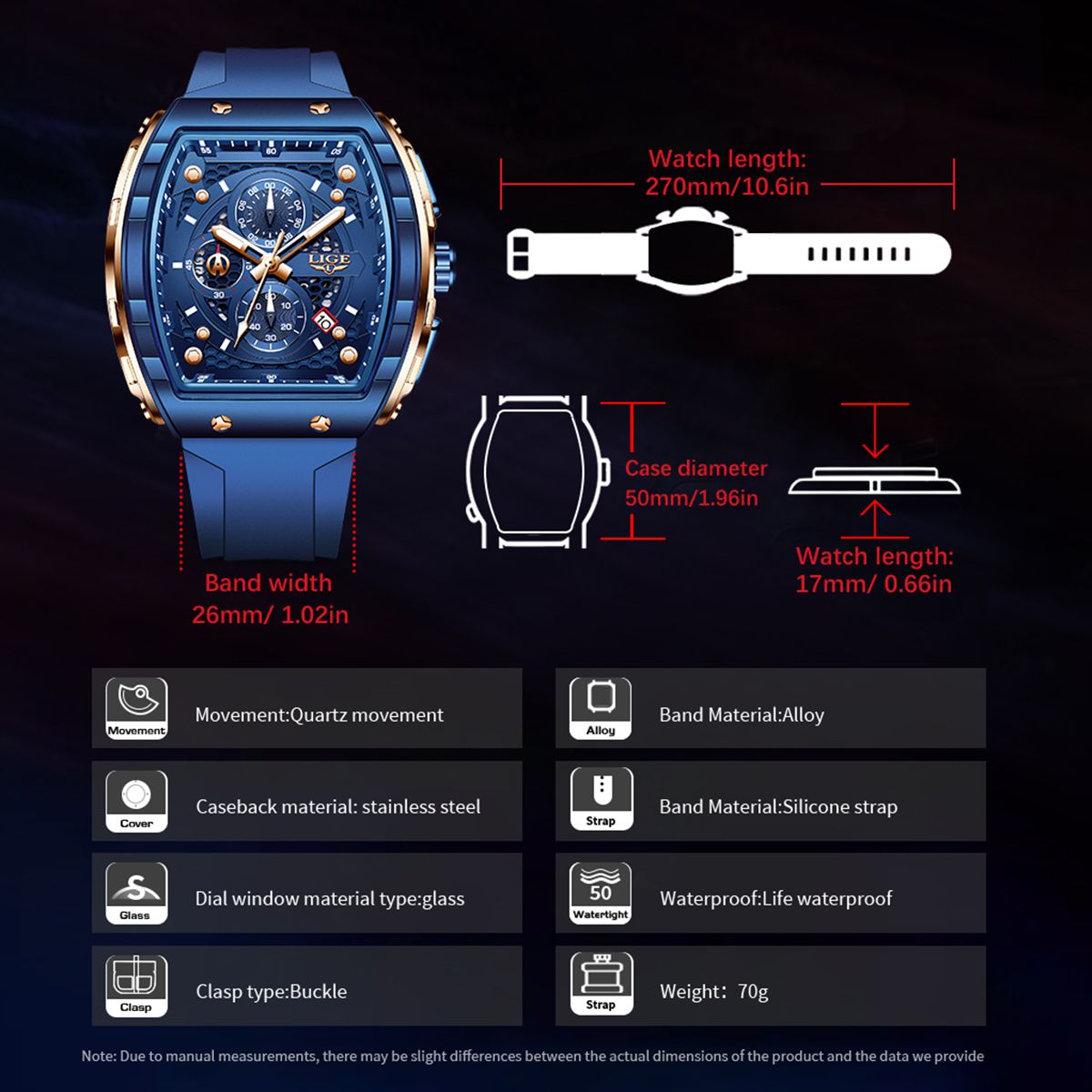 LIGE Top Brand Luxury Square Quartz Watches for Men Fashion Casual Sport 50M Waterproof Man Watch Auto Date Military Chronograph - 7 of 9