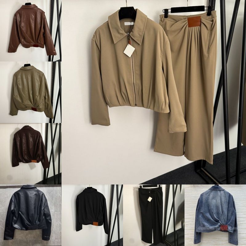 Luxury Zipper Draped Jacket For Women Designer Denim Trucker Coat Long Sleeve Pu Leather Jacket Spring Autumn Elegant Pants Tees - 1 of 8