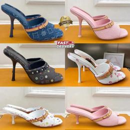 Women's Designer Cat-Heel Denim Mules, Pink Leather High Top, Summer and Autumn Lightweight Luxury Open-Toe Shoes, Elegant Women's Low Heel Shoes, Sizes 36-42 - myaceshop