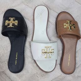 Designer Shoes Eleanor Metal Logo Decor Slide Slippers Women Rhinestone Flat Open Toe Slip On Sandals Summer Beach Casual Outdoor Daily Shoes