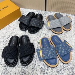 designer Pool Pillow Comfort men and women Slides Black Denim Adjustable Velcro Platform Non-Slip Thick Sole Summer Beach Casual Walking Open Sandals for