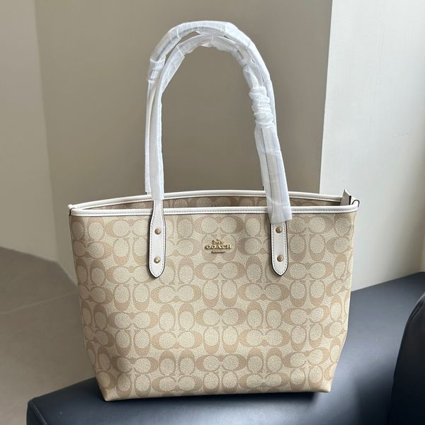 Women's Beige Classic Signature Tote Bag Top Handle Large Capacity White Trim Gold Hardware Zipper Closure Casual Handbag For Work Commute Shopping Travel - Bags, Luggage & Accessories - myaceshop