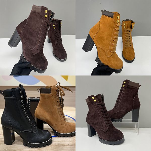 2026 Luxury Star Trail Ankle Boots Premium Women's Suede Calf Leather High-Heel Boot Camel Brown Chunky Block Heels Trendy Winter Footwear 1178 - Shoes & Accessories - myaceshop