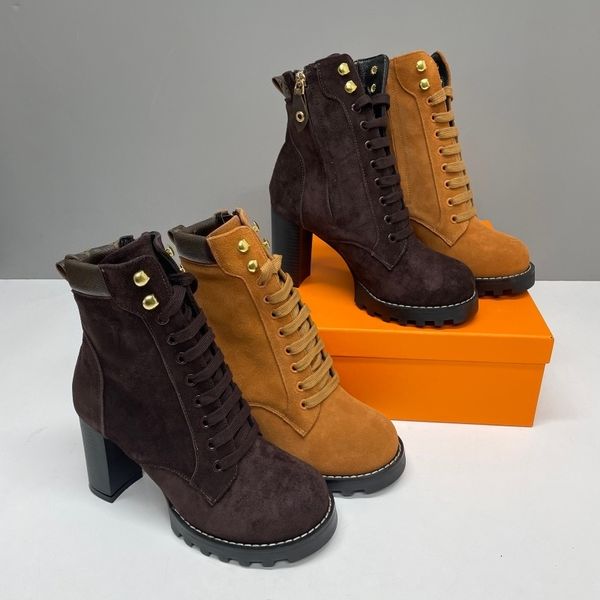 Star Trail Ankle Boots New Women Designer brown Suede Calf Leather High Heel Lug Sole Lace Up Combat Booties Winter Warm Shoes Large Size EU42 1178 - Shoes & Accessories - myaceshop