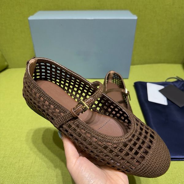 High Quality Crochet Ballet Flats Women Designer Knit Shoes Ladies Hollow Out Woven Mesh Flat Sandals Square Toe Metal Triangle Mary Jane Walking Shoes 1138 - Shoes & Accessories - myaceshop