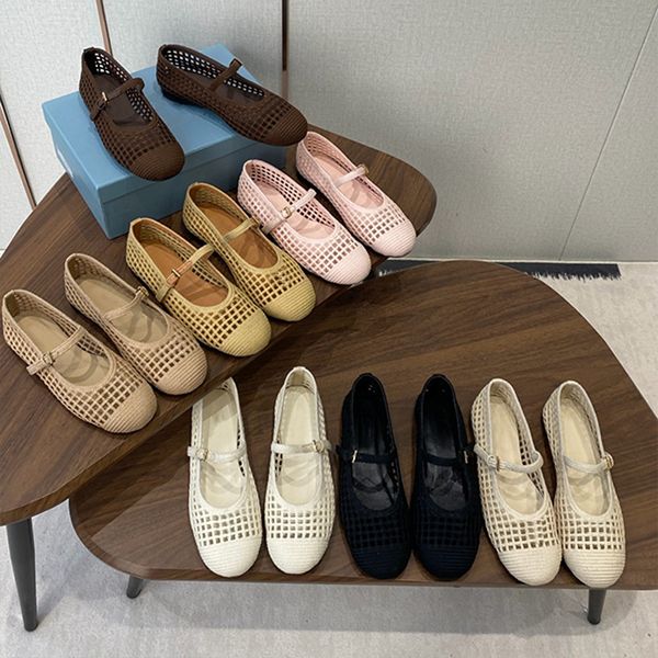 2026 Designer Crochet Knit Hollow Out Ballerina Flats Women Woven Mesh Mary Jane Shoes Triangle Breathable Adjustable Ankle Strap Casual Flat Pumps 1138 - Shoes & Accessories - myaceshop