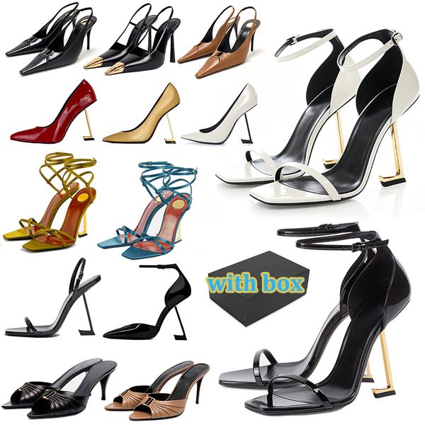with box designer dress shoes Patent Leather Ankle Strap High Heels popular Sandals for Women Square Open Toe comfort Party Wedding Stiletto gold white - Shoes & Accessories - myaceshop