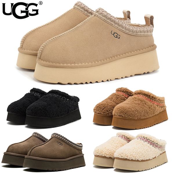 UGG Women's Tazz Platform Slippers Suede Curly Shearling Tribal Stitch Trim Slip On Warm Fur Lined Indoor Outdoor Winter Mule Slides Multiple colors - Shoes & Accessories - myaceshop