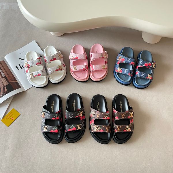 LV x TM Pool Pillow Flat Mule Cherry Print Platform Slide Sandals Women Adjustable Double Strap Metal Thick Sole Casual Outdoor Beach Couple Slippers Multiple colors - Shoes & Accessories - myaceshop