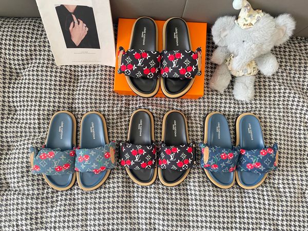 LV x TM Murakami Cherry Maya Sunset Flat Comfort Sandal Strap Platform Slide Sandals for Women Comfort Outdoor Beach Vacation Casual Slippers Multiple colors - Shoes & Accessories - myaceshop