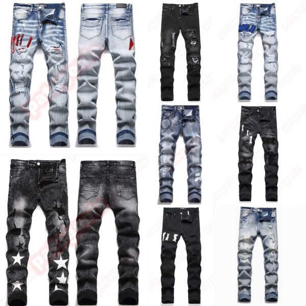 Mens Designer jeans Fashion Jeans European America Style Jean Streetwear Letter Embroidery Pants Patchwork Ripped For Motorcycle Pant Skinny Jeans - Apparel - myaceshop