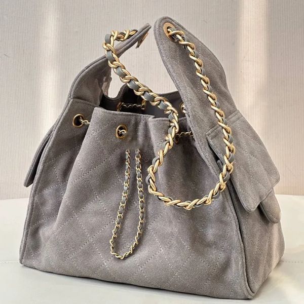 Designer Bag String Bucket Tote bag Large Suede Leather Gray Casual Long Chain Crossbody Fashion with box - Bags, Luggage & Accessories - myaceshop